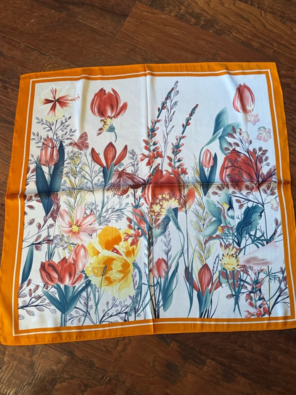 Floral Silk-Feel Scarf in Orange, Yellow & Teal